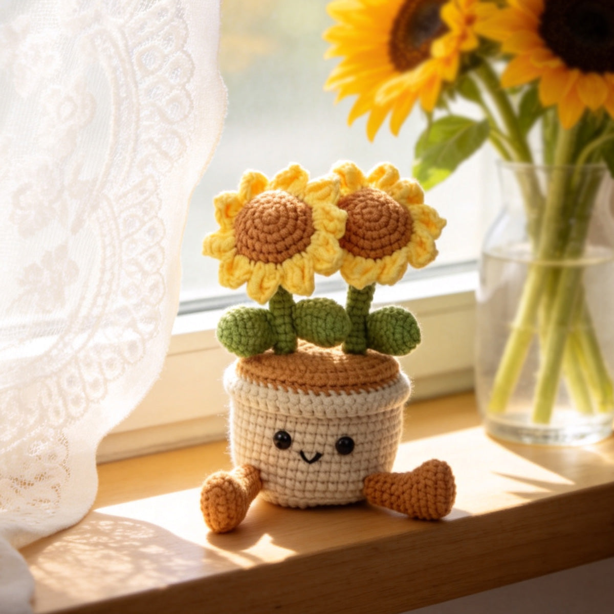 Crochet fait à la main double fleur de soleil Pot ornement doux fil éternelle Crochet Blooms Avec F