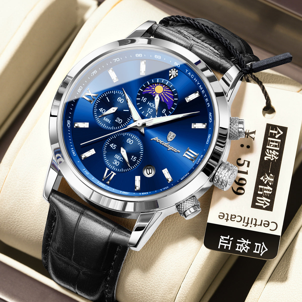 Men's watch with moon phase and multi-function chronograph