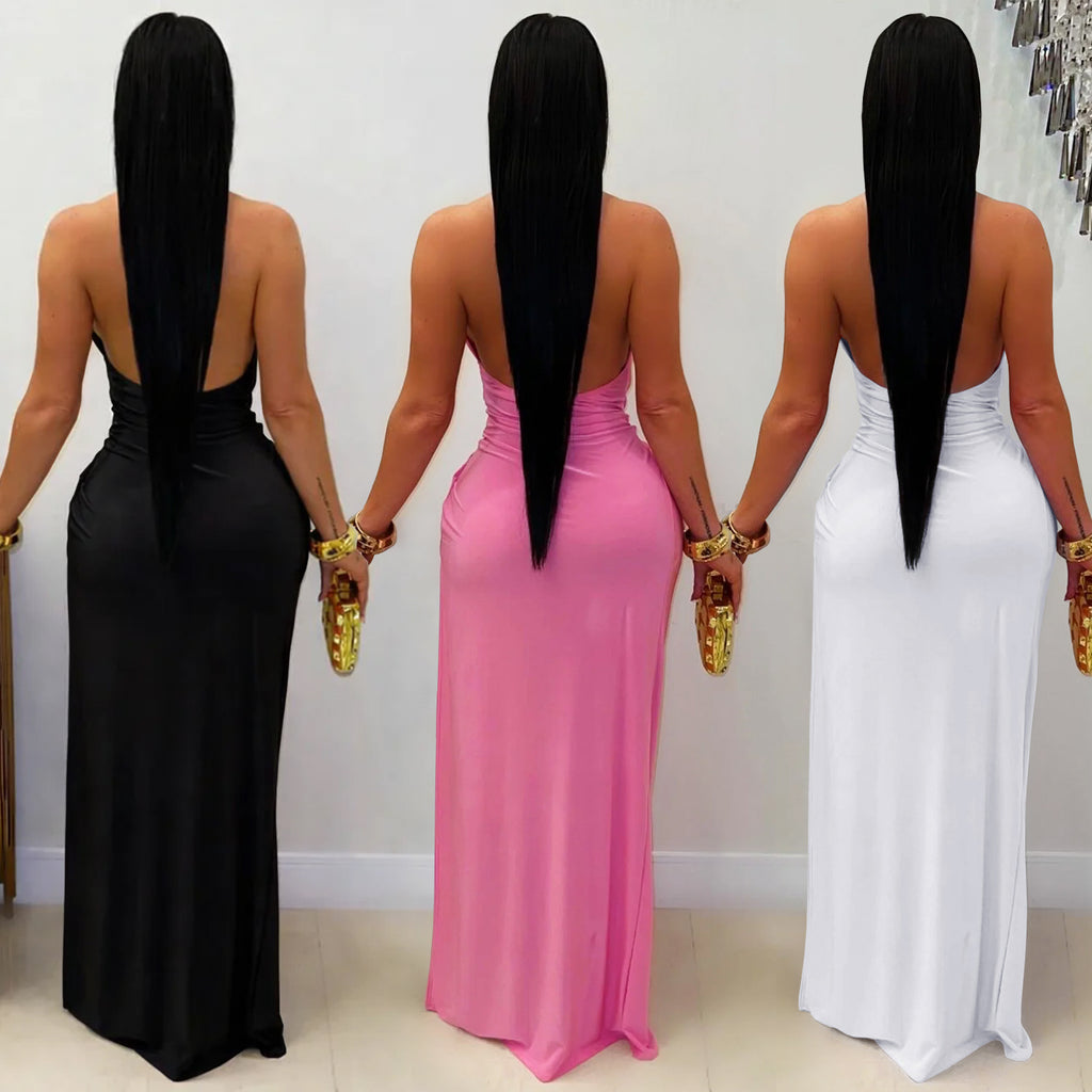 Femme de mode européenne et américaine Sexy Deep V Halter Bodycon Robe sans dos