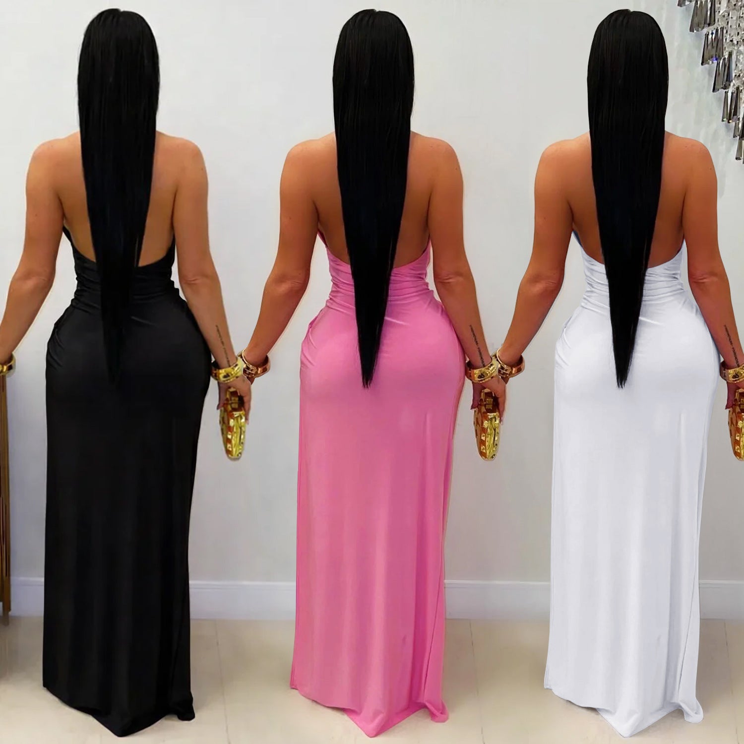 Femme de mode européenne et américaine Sexy Deep V Halter Bodycon Robe sans dos