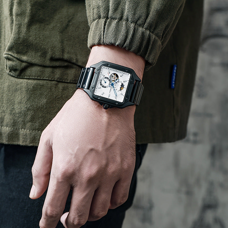 Flywheel étanche Hollow Out Trendy hommes Square Montre mécanique automatique