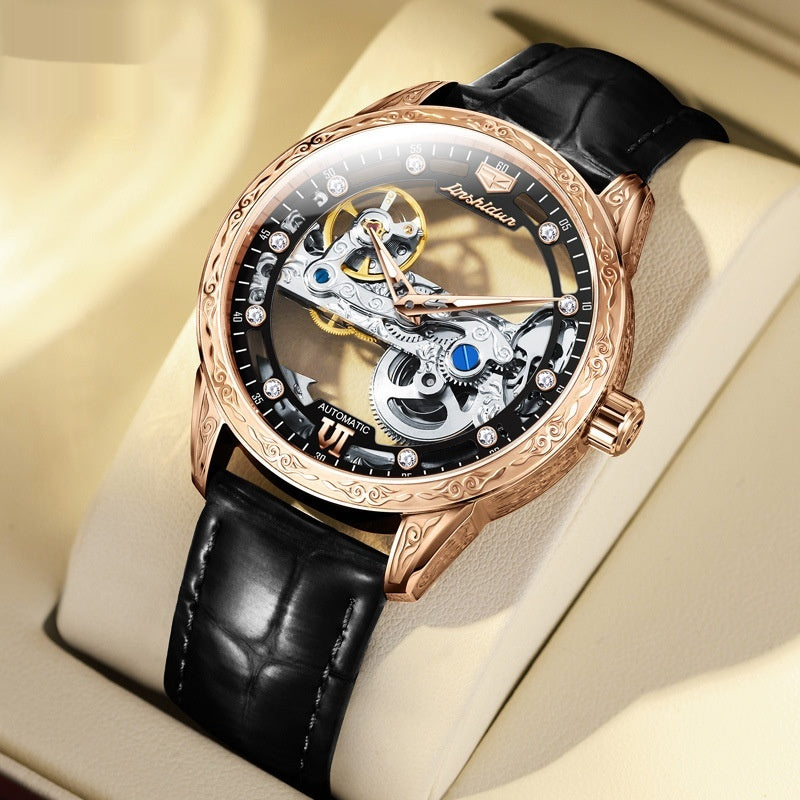 Montre mécanique openwork avec bracelet en cuir imperméable pour hommes