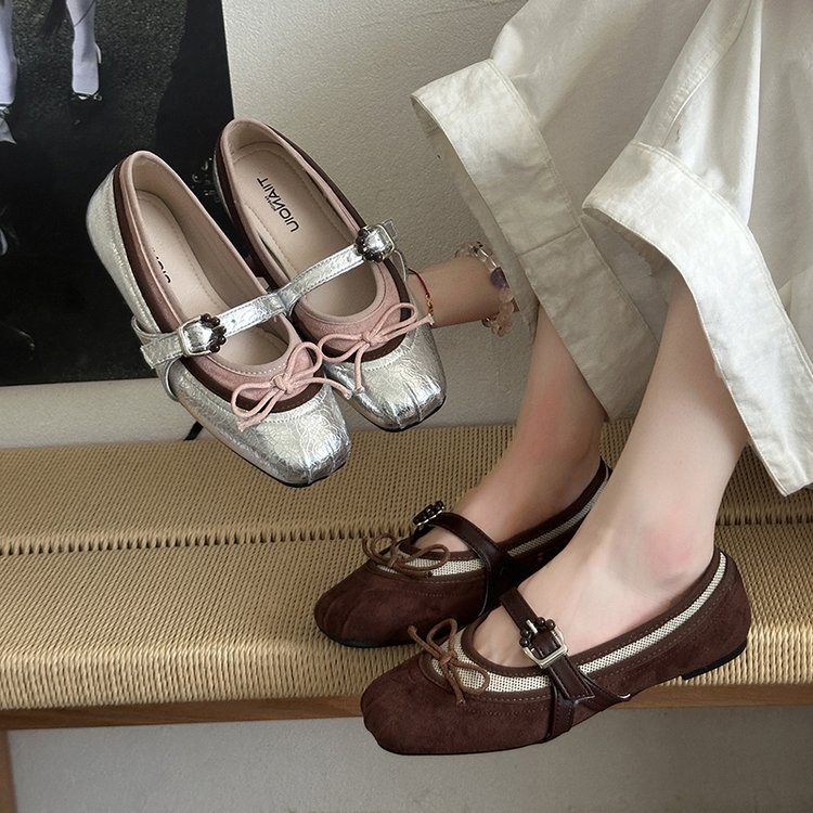 Argent Bow Mary Jane Appartements Femmes Vintage Couleur Bloc Carré Toe Ballet Chaussures plates