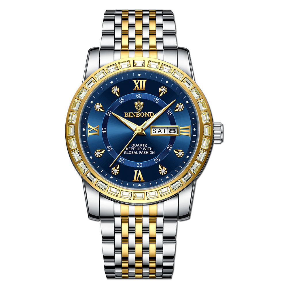 Business Diamant-embeded Montre mécanique double calendrier étanche