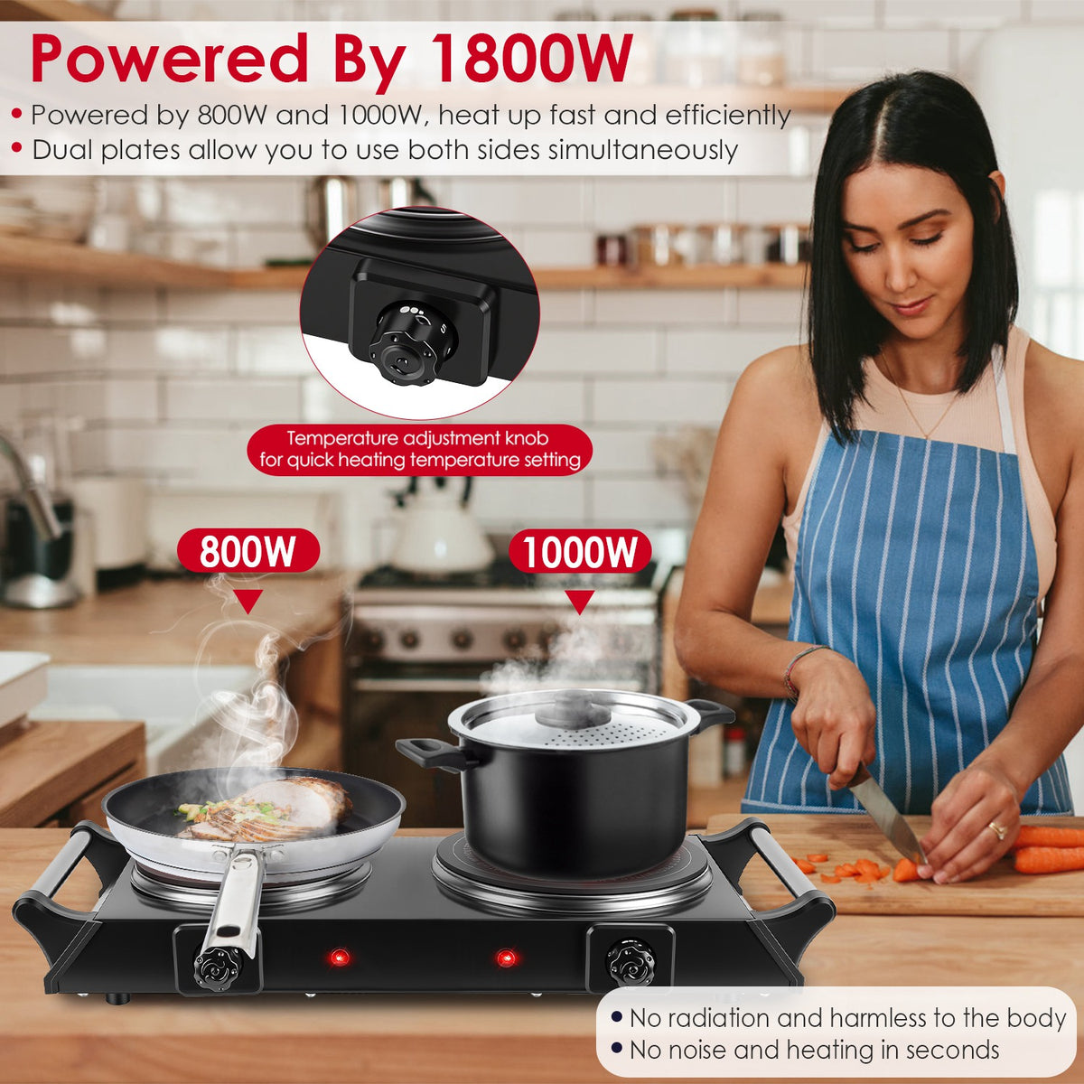 1800W Plaque de chauffage portable à double brûleur électrique plaque de cuisson de comptoir RV plaque avec 5 Te