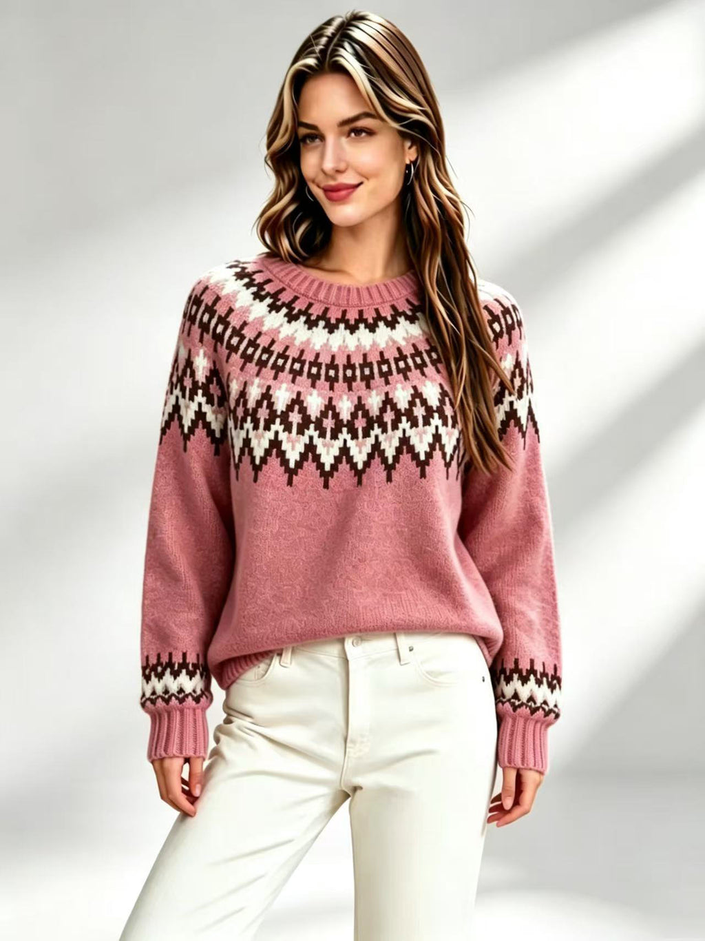 Femmes Retro Fair-Isle Knit Crew-Neck Sweater