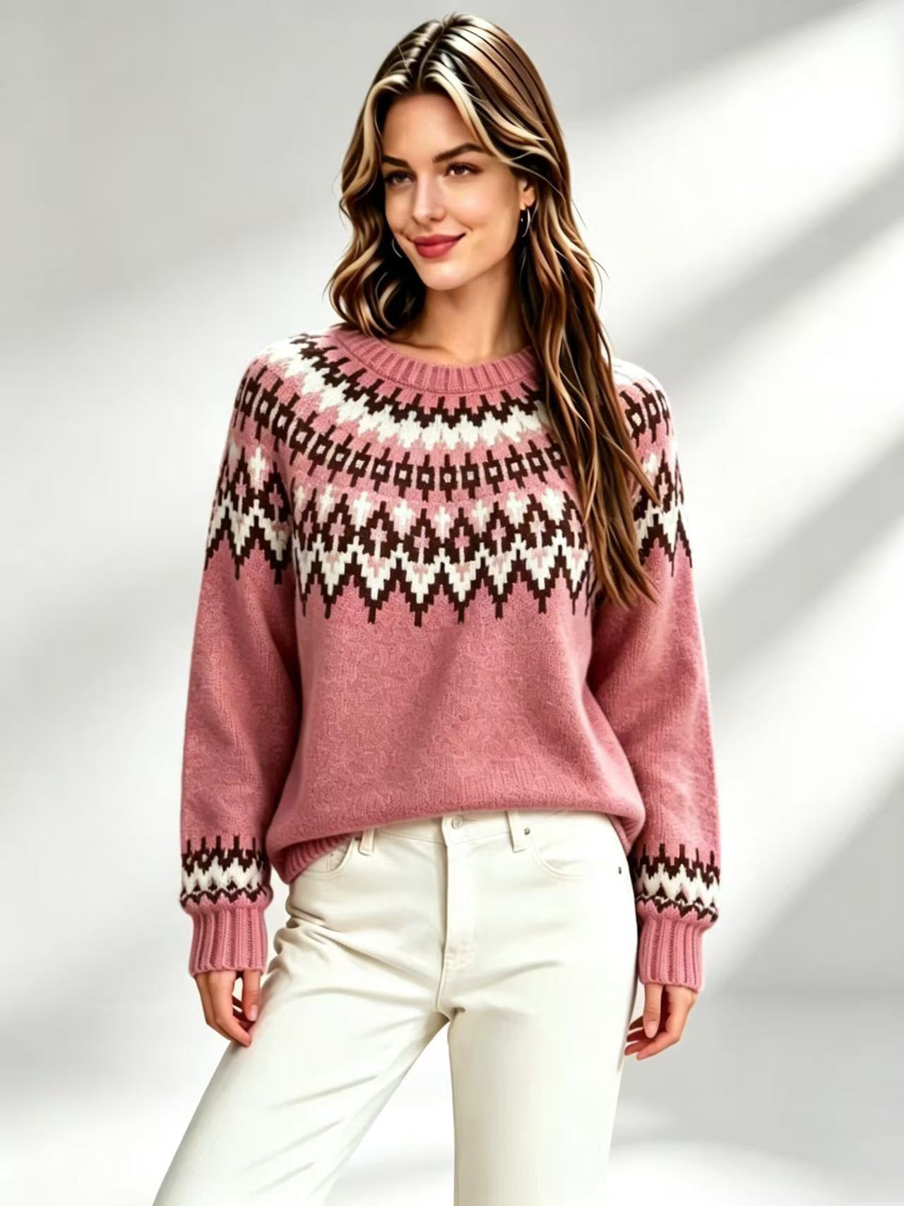Femmes Retro Fair-Isle Knit Crew-Neck Sweater