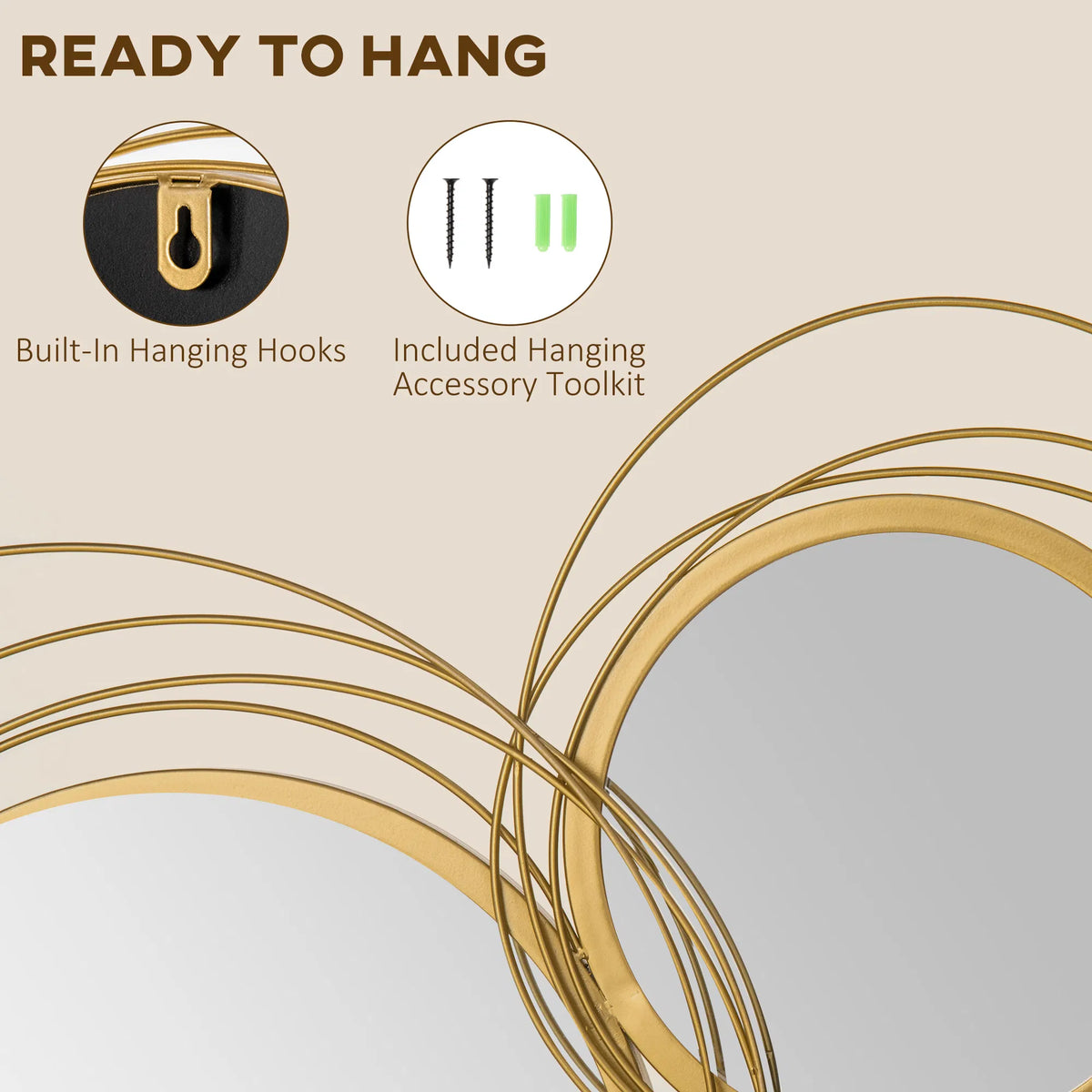 Metal Wall Art Gold Frame Circle Salle de bain Miroir Décor Maison suspendu mur Sculptures pour Li