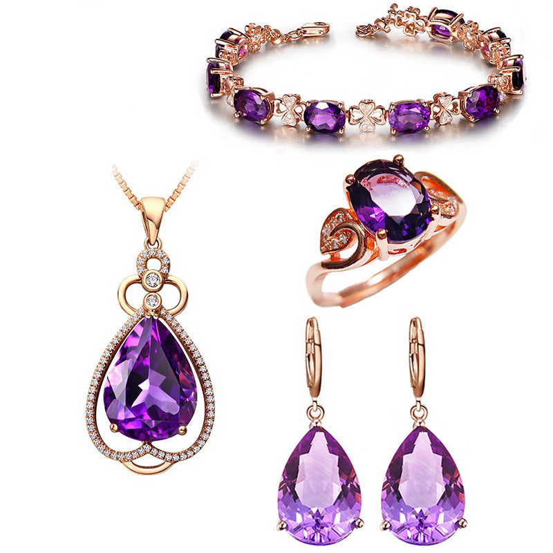 Qualité Crochet d'oreille pourpre Gemstone Diamond Bague Collier Rose Or Collier