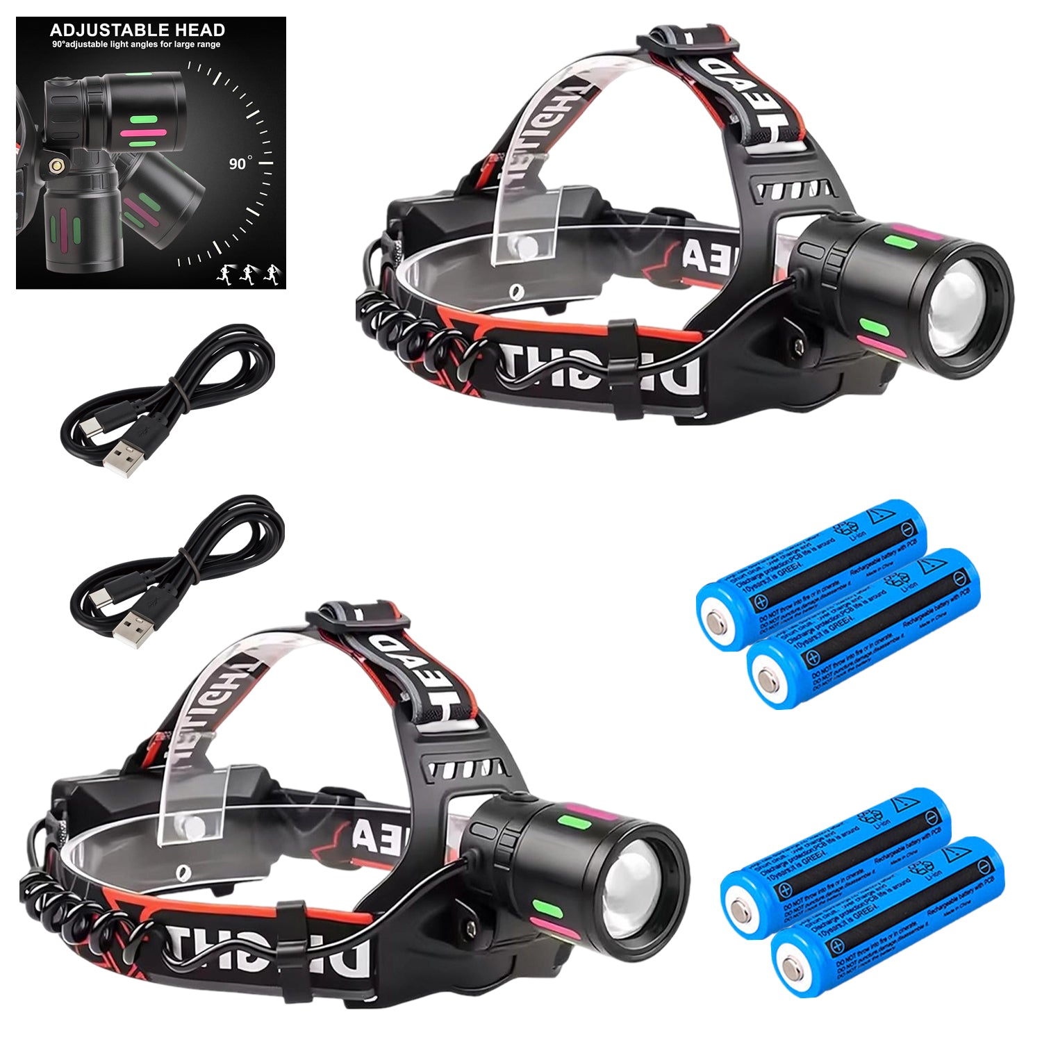 Lampe de poche LED USB Rechargeable Torche de tête Zoom phare de camping lampe de poche lampe de travail