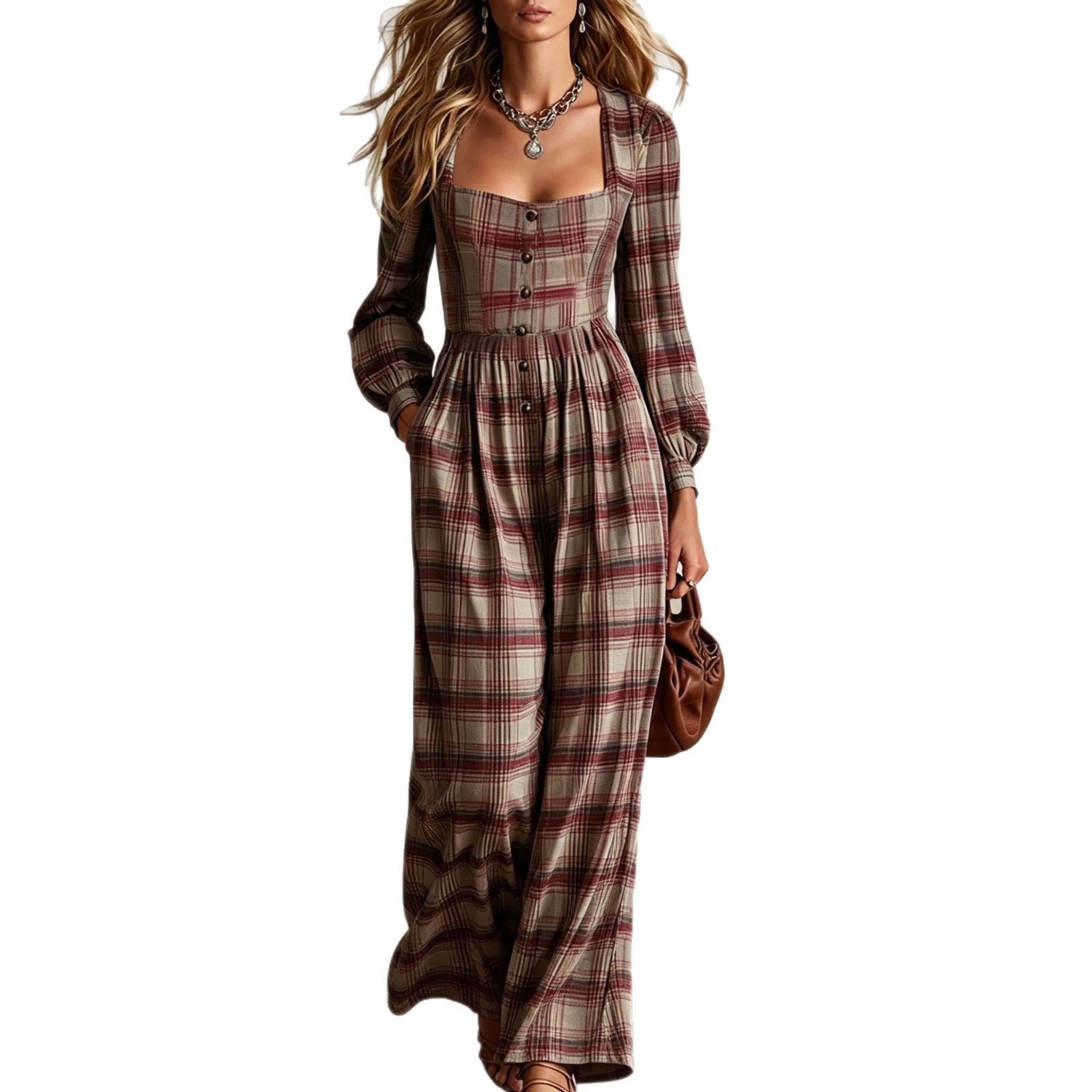 Femmes Plaid Col carré Coin de taille Boutonné Grande jambe combinaison de saut
