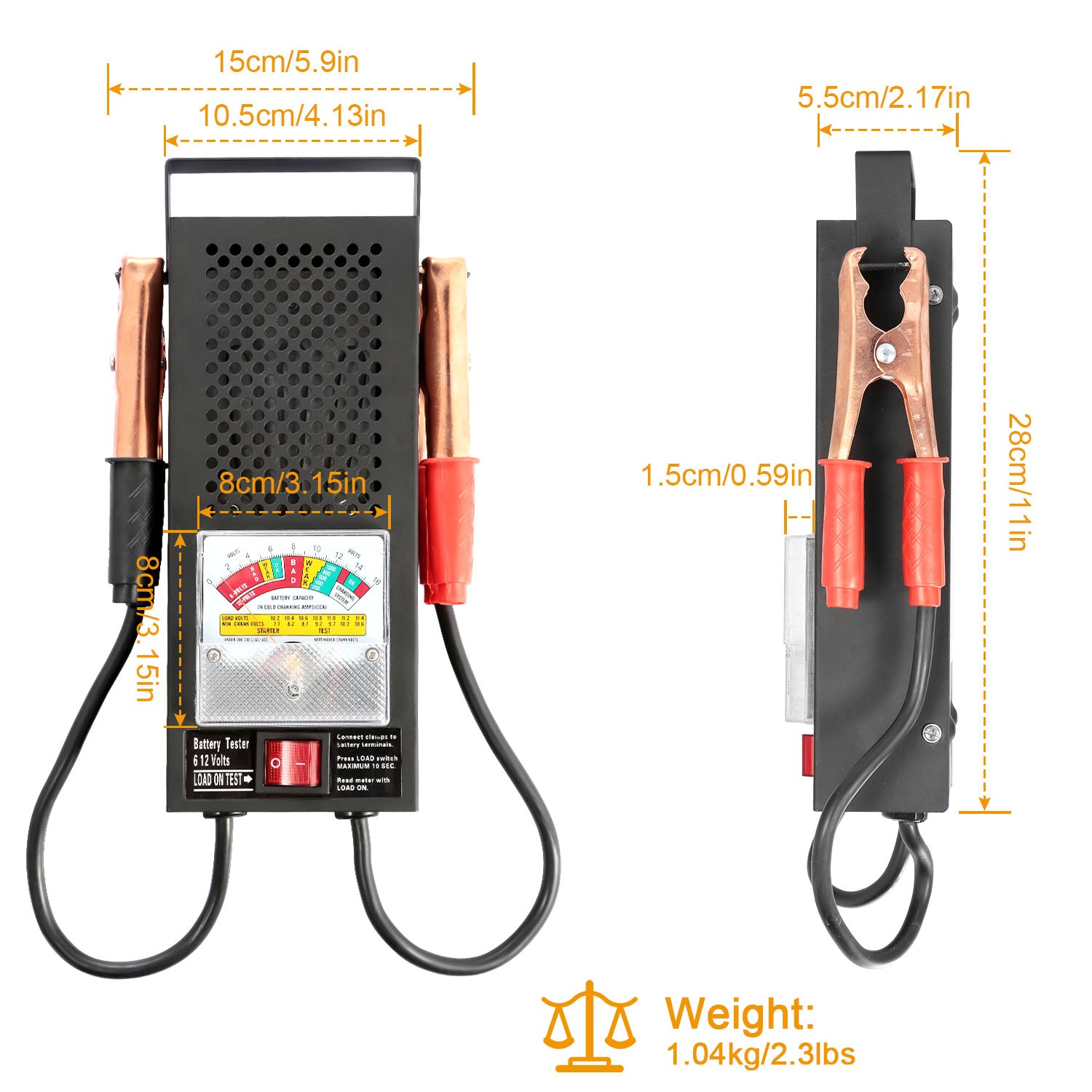 1Pc Testeur de charge de batterie 6 à 12V Testeur de batterie avec des clips en cuivre isolés lourds