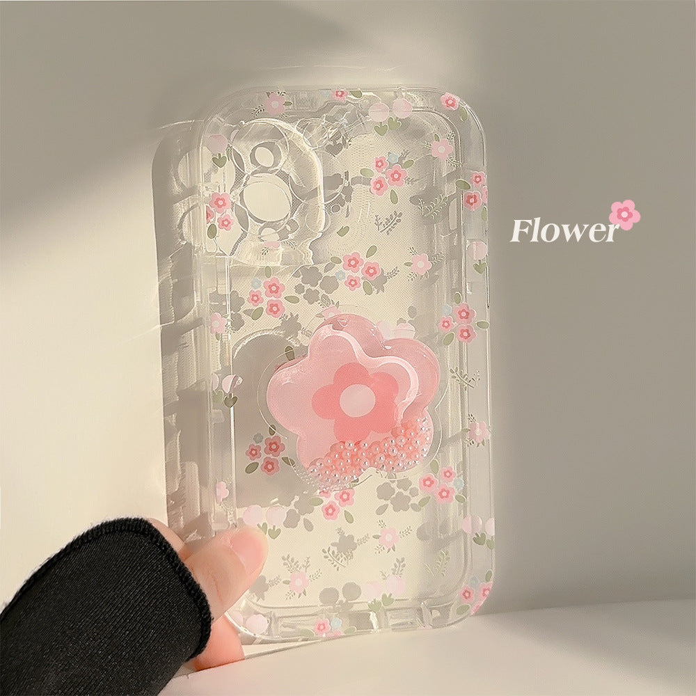 Étui de téléphone à support de sable à fleurs concassées transparent