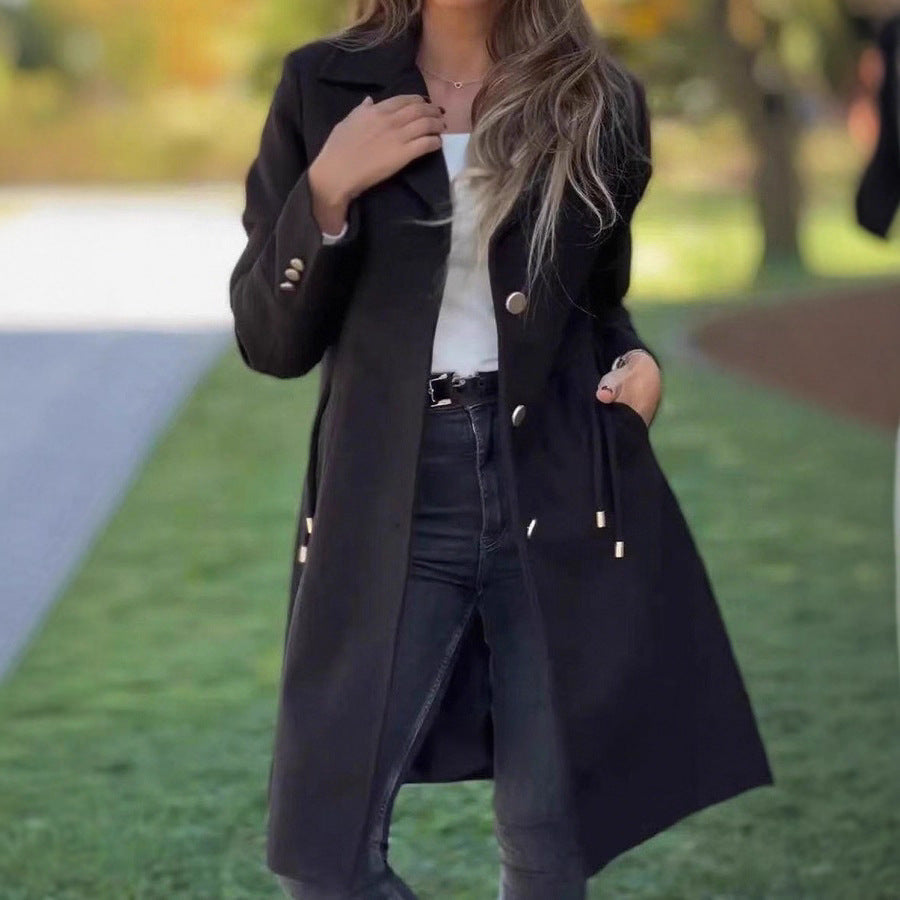 Femme Mode Solide-couleur Laine mi-long avec cordons et poches