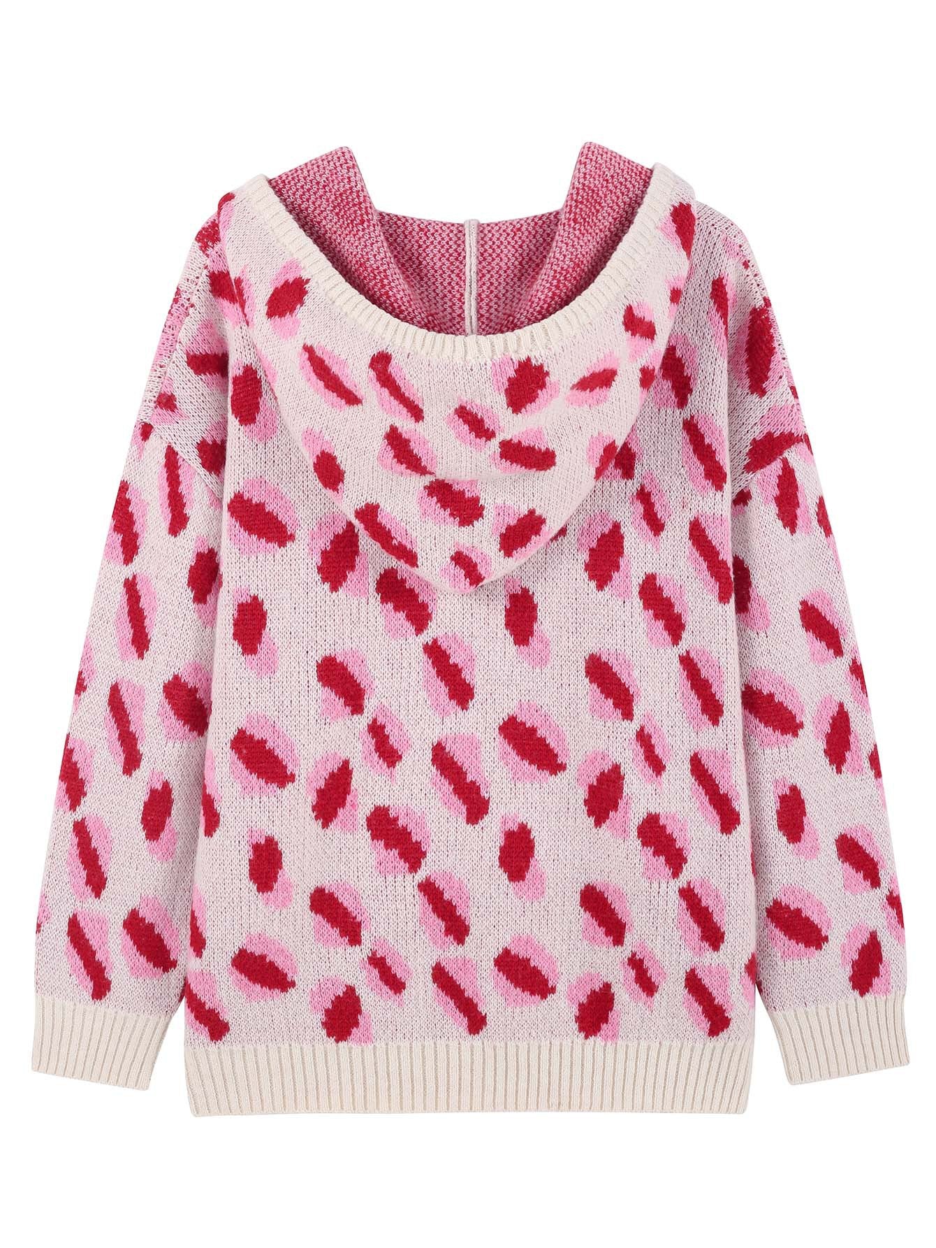 Femmes Casual Drop Épaule à capuchon tricot Top Rose Leopard Motif Laine Blend Chandail