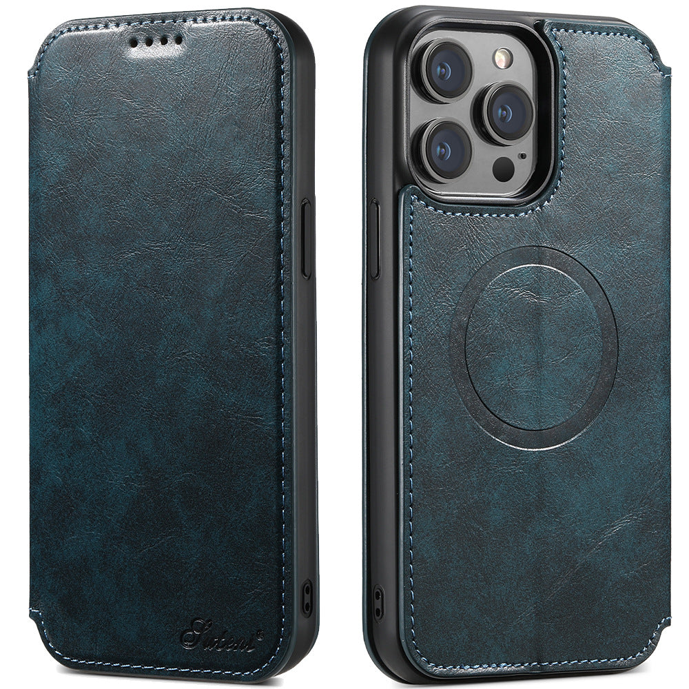 Boîtier de téléphone de protection sans fil de chargeur magnétique en cuir