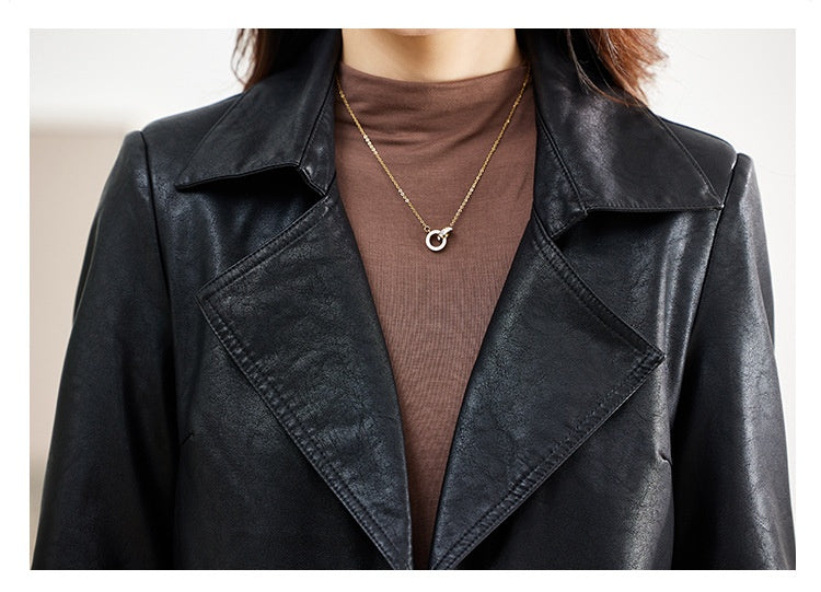 Manteau de cuir mi-long pour femme Printemps et automne