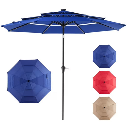 10 FT 3-Layer Solar Patio Umbrella 32 LED Lights Market Umbrella with Adjustable Tilt 8-Rib