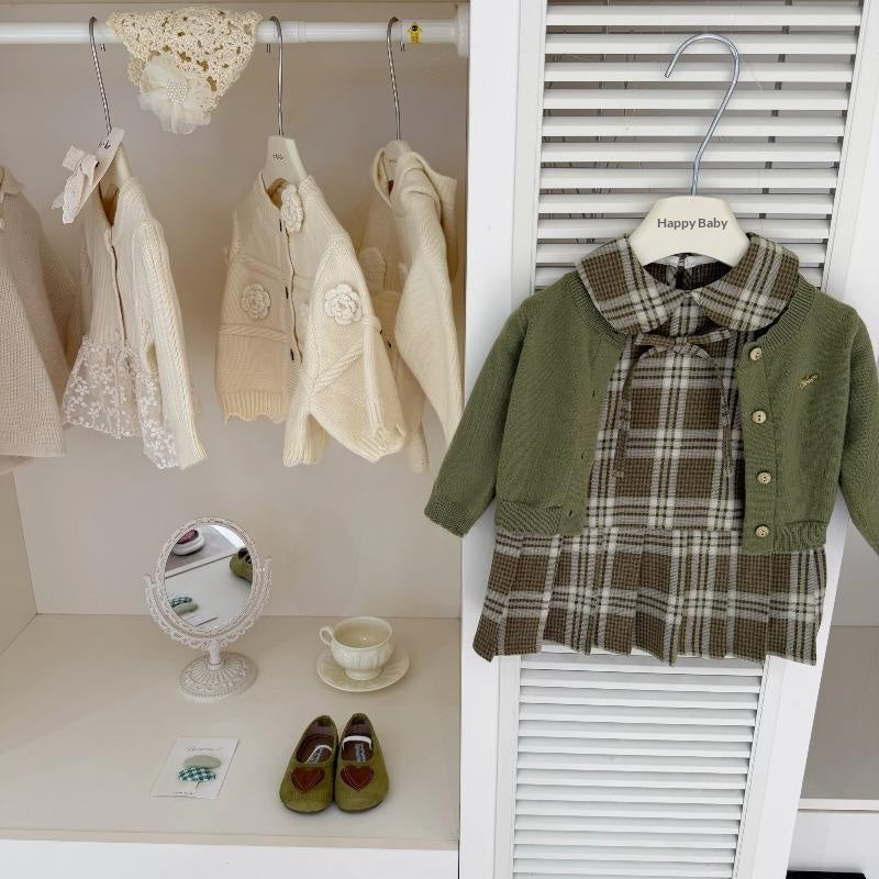 Petites filles Matcha Vert Plaid Vest Robe Et Set de Cardigan