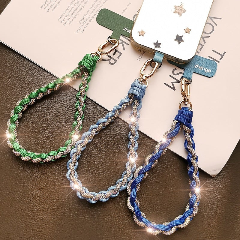 Étui téléphonique tressé bicolore à diamants complets Lanyard