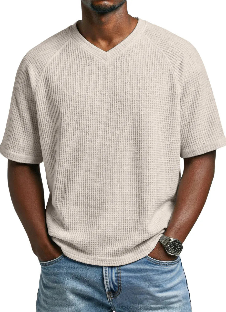 Hommes S Mode Waffle tricot côtelé manches V cou manches courtes T-shirt pour le transport quotidien