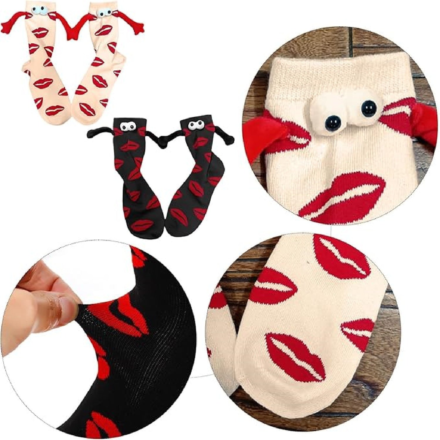 Chaussettes à lèvres, 2 paires; Chaussettes correspondantes pour les couples ayant un motif lipique; Chaussettes doubles amusantes en blanc