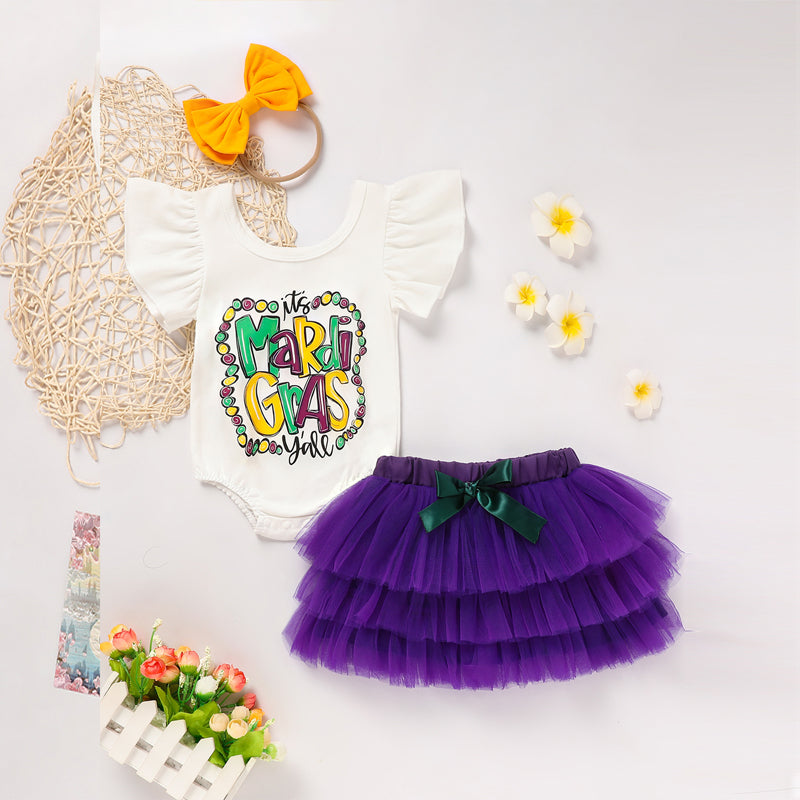 2-Piece Baby Girl's Printed Onesie with Elastic Tulle Skirt and Bow