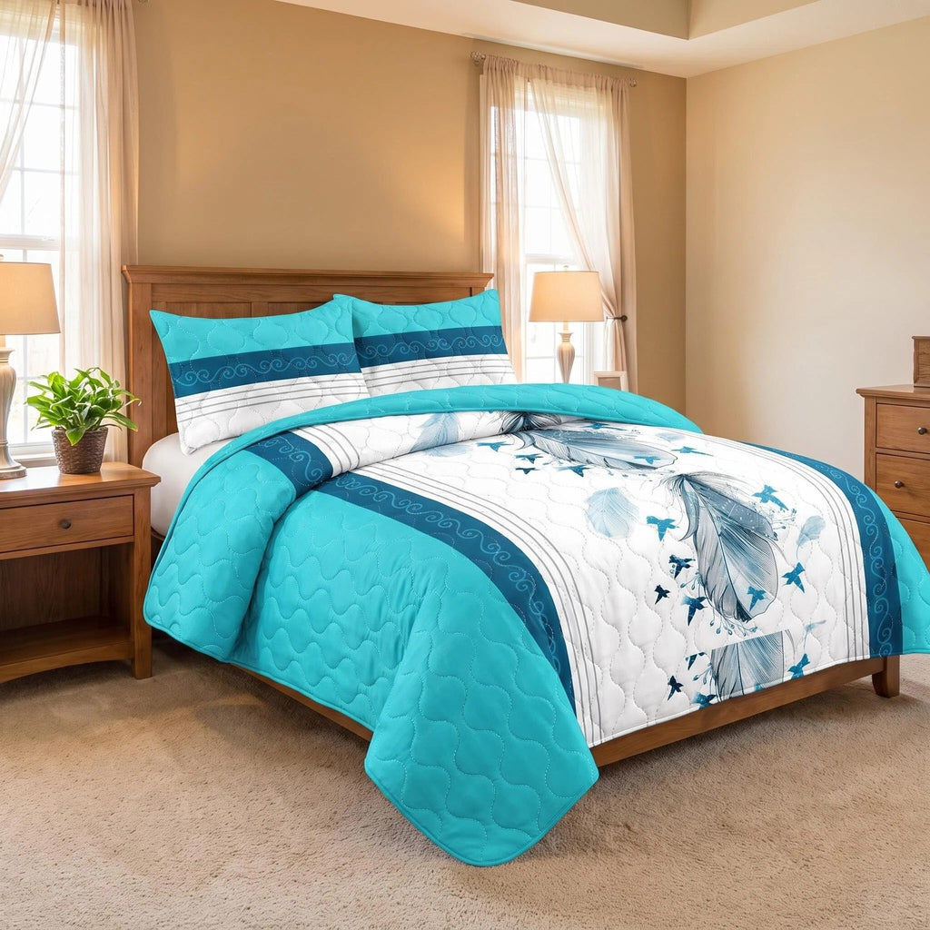3-Piece bleu et blanc plume Star couvre-lit matelassé pour roi et roi de Californie