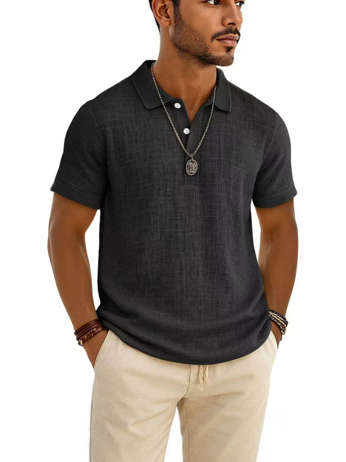 Trendy Men's Casual Solid-color Summer Bamboo-ribbed Coton Polo manches courtes Chemise Homme