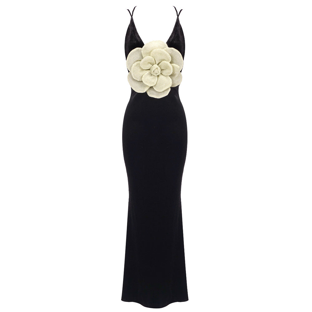 Camisole noire Robe de fleur d'or sans dos Slim Fit
