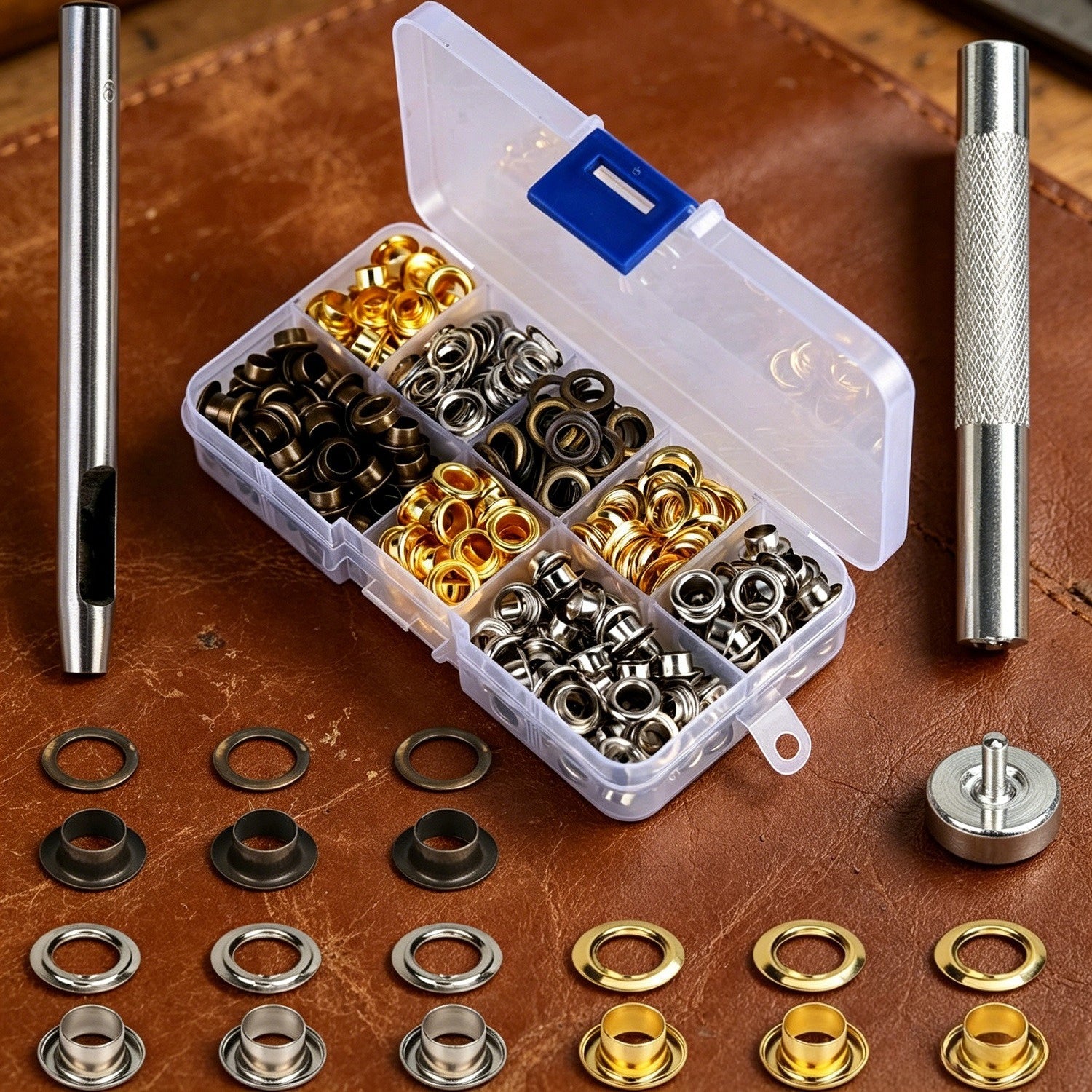 Trousse d'outils pour oeillets en métal 204-Piece avec boîte de rangement - 201 oeillets en 3 couleurs et 3 outils pour L