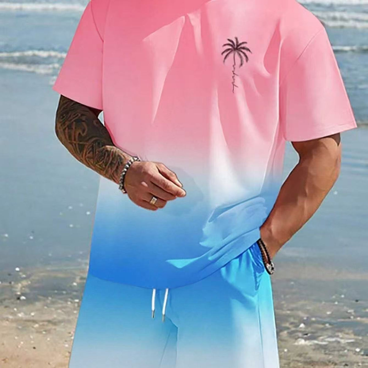 Summer Hot-Selling Gradient Coconut Tree Beach Chic Imprimer Vêtements pour hommes