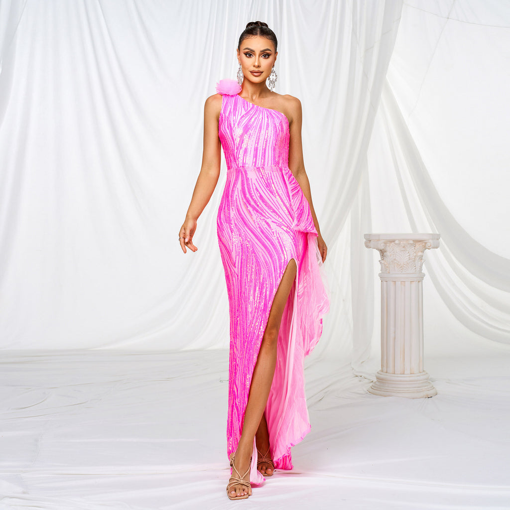 Une épaule Collier diagonal Robe de soirée à fente pailletée