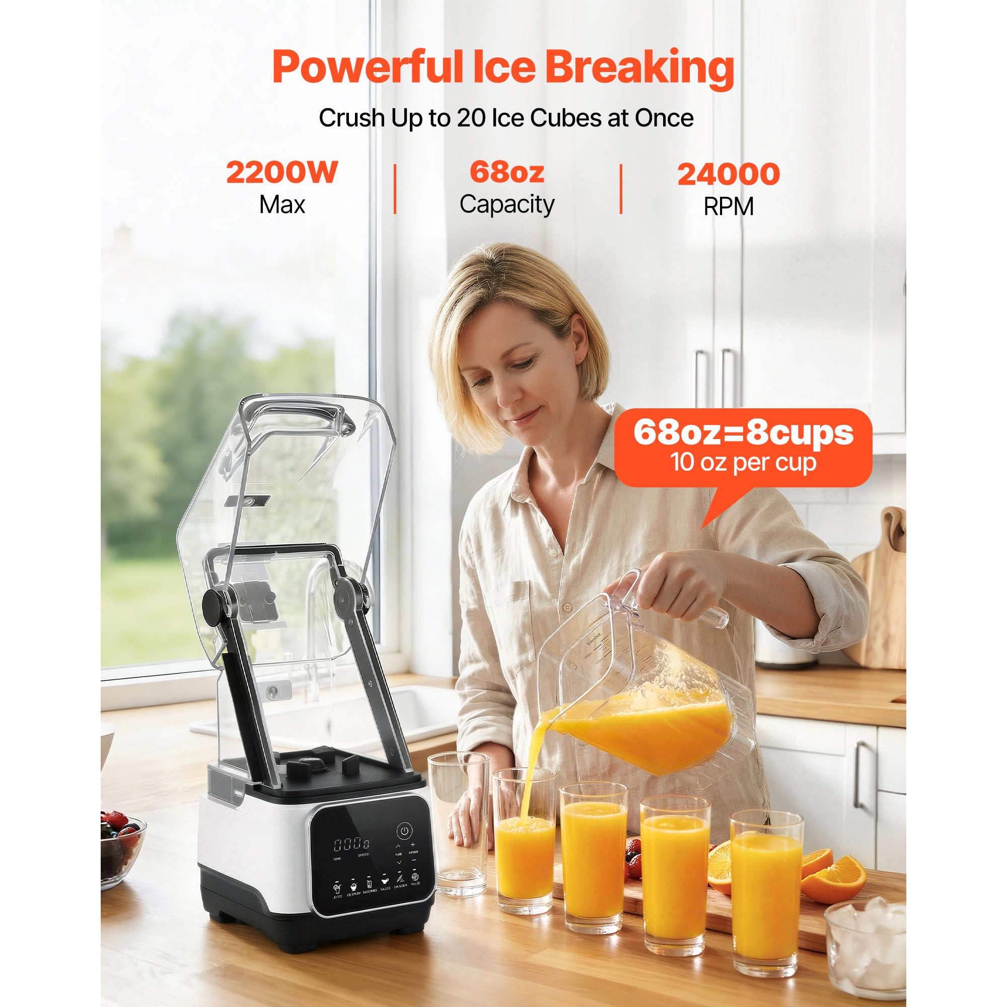 Blender, 68 Oz Mélangeurs de comptoir professionnels avec bouclier, 2200W 26000RPM Cuisine alimentaire P