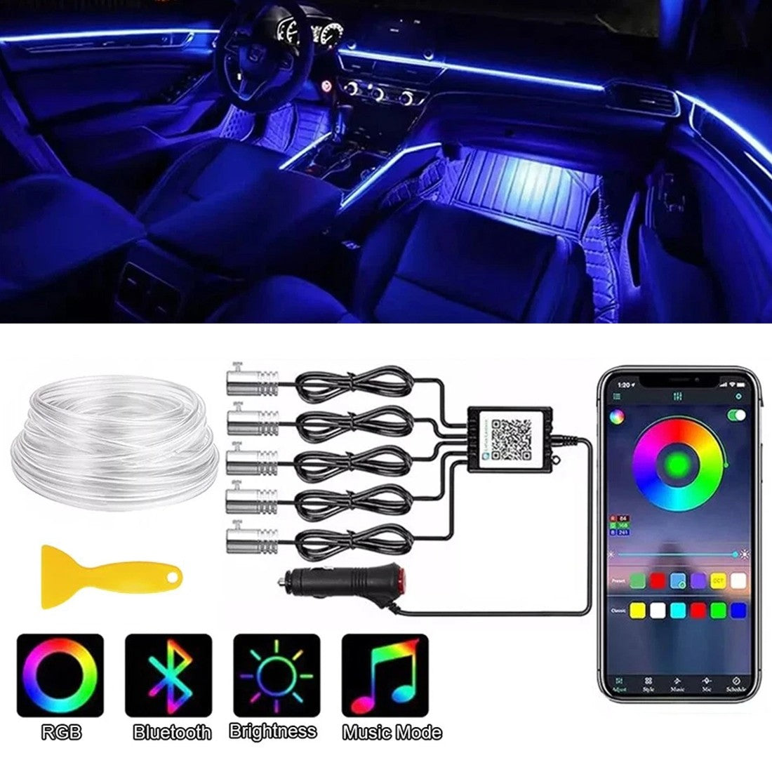 APP Contrôle 5-In-1 RGB LED intérieur bande lumineuse voiture ambiante éclairage d'atmosphère