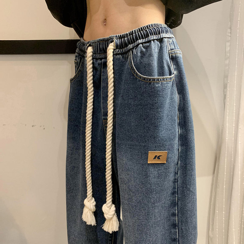 Hommes Elastic-waist Drawstring Jeans Loose-fit Straight-leg Style