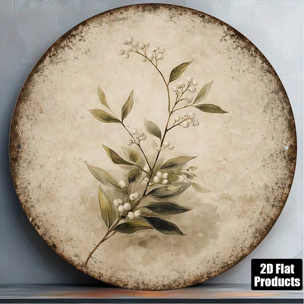 8x8in Vintage Botanical Round Sign Plant Flower Wall Decor