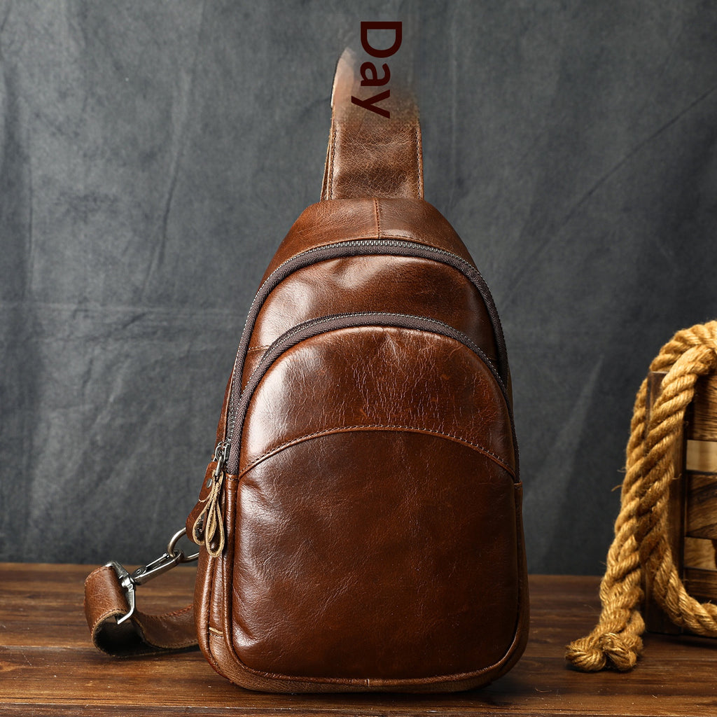 Homme Épaule plein-grain Casual Minimalist sac poitrine Grande capacité Cuir véritable