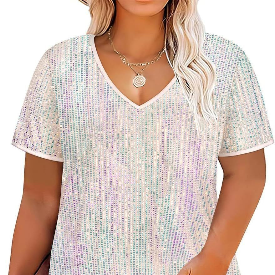 Femmes à manches courtes à col V à paillettes