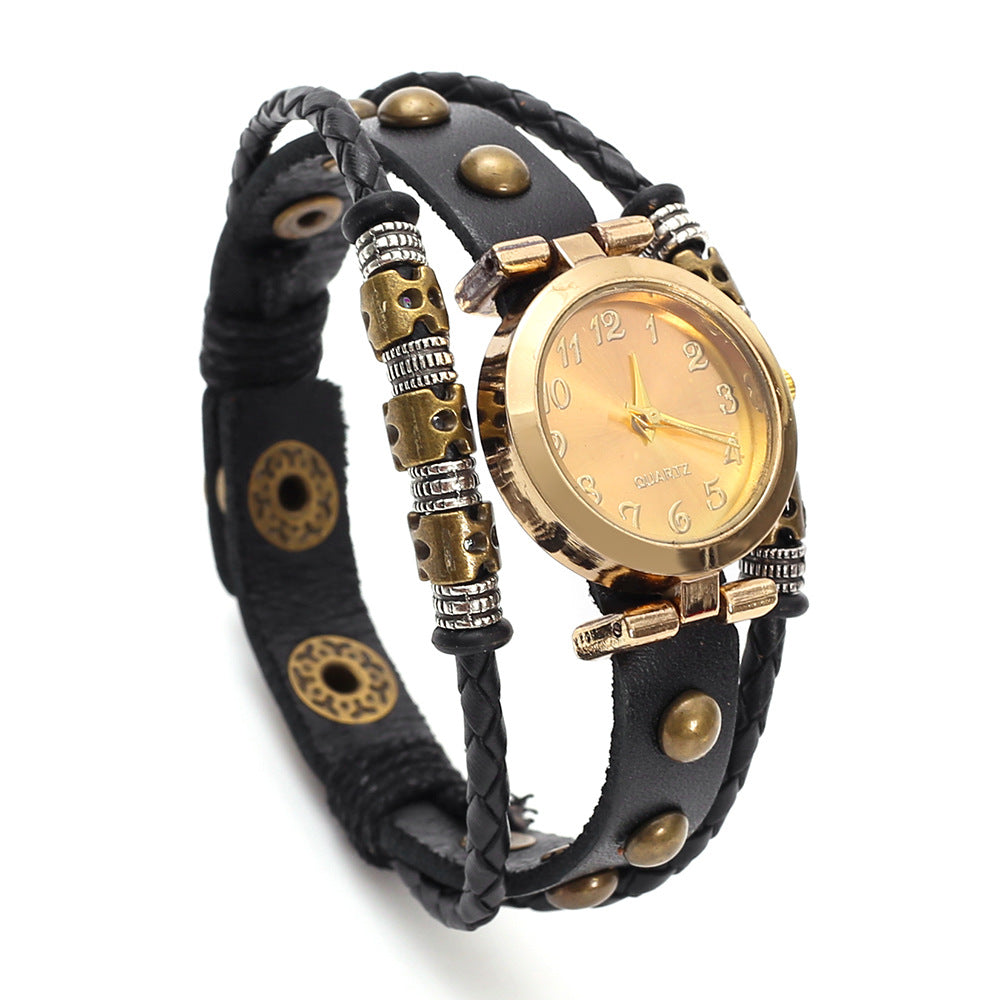 Vintage bracelet en cuir montre pour les femmes multi-couche tressé