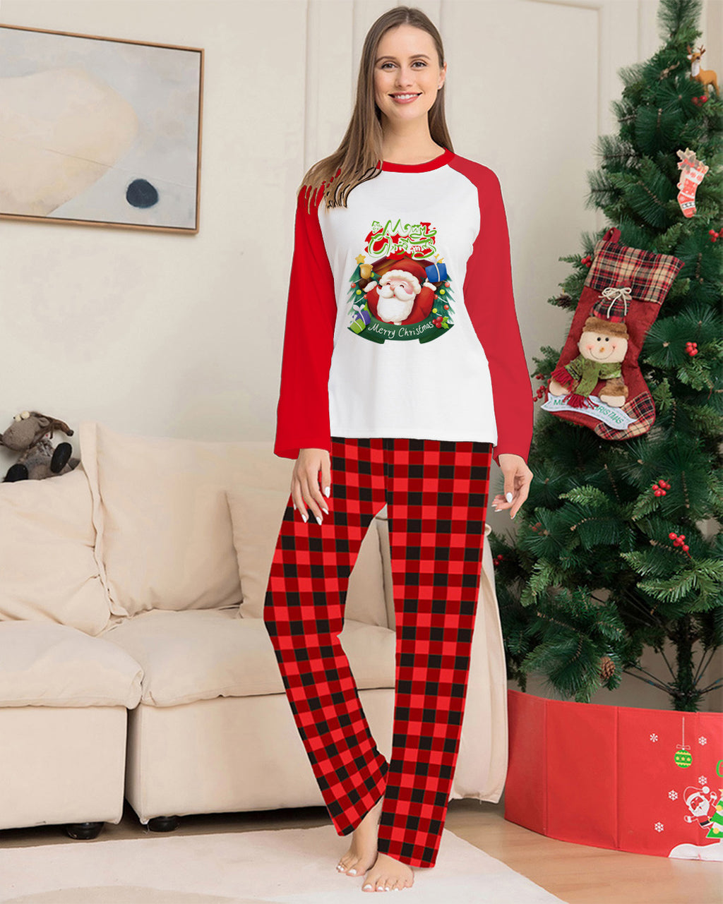 Ensemble de vêtements parents-enfants de Noël manches longues T-Shirt Plaid Pantalons de famille