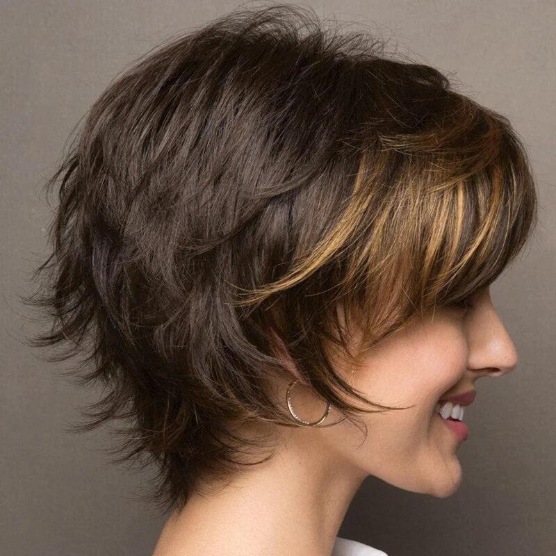 Volumineux Short Bangs Dark Brown Femmes Perruque avec court courbure vers l'extérieur