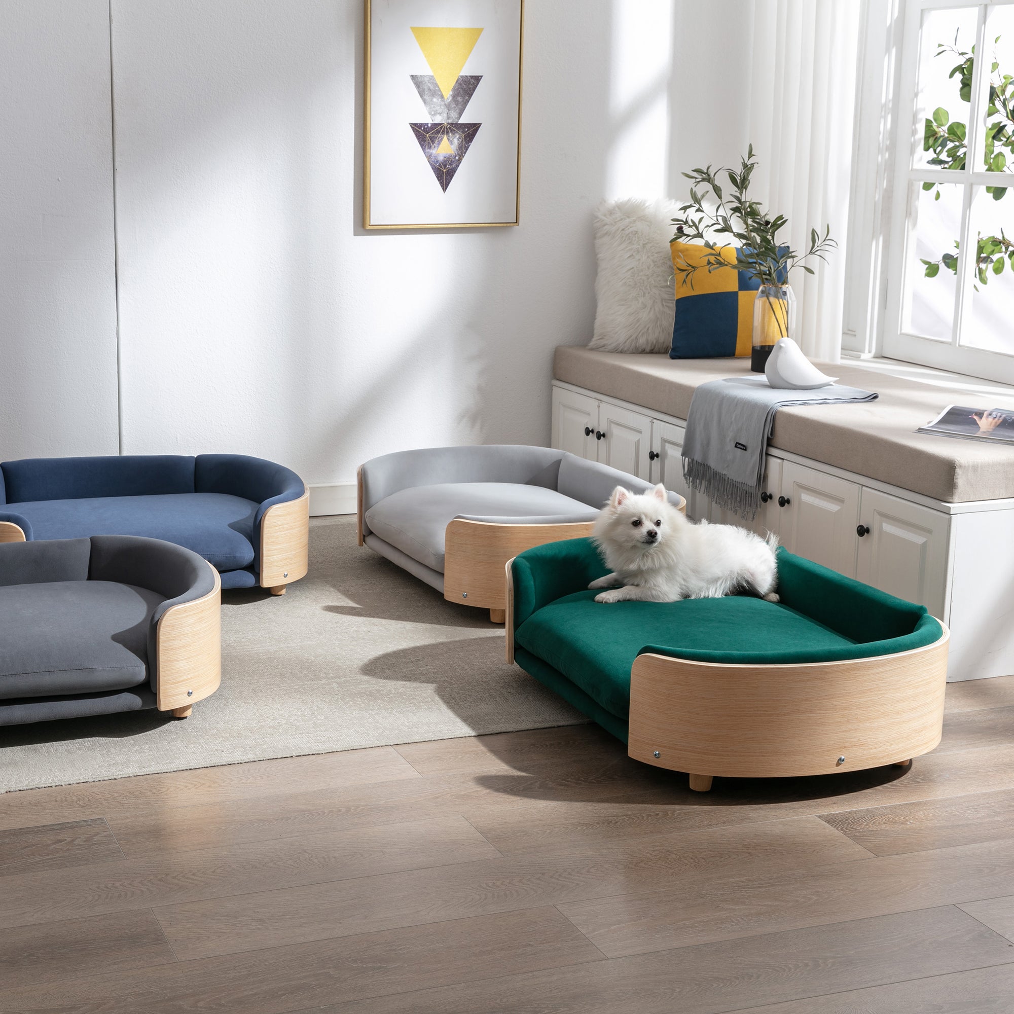 Style scandinave Lit de chien élevé Canapé pour animaux avec pieds en bois massif et dos en bois bent