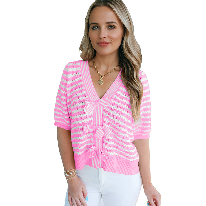 Femmes Pullover Col V Chandail à manches courtes
