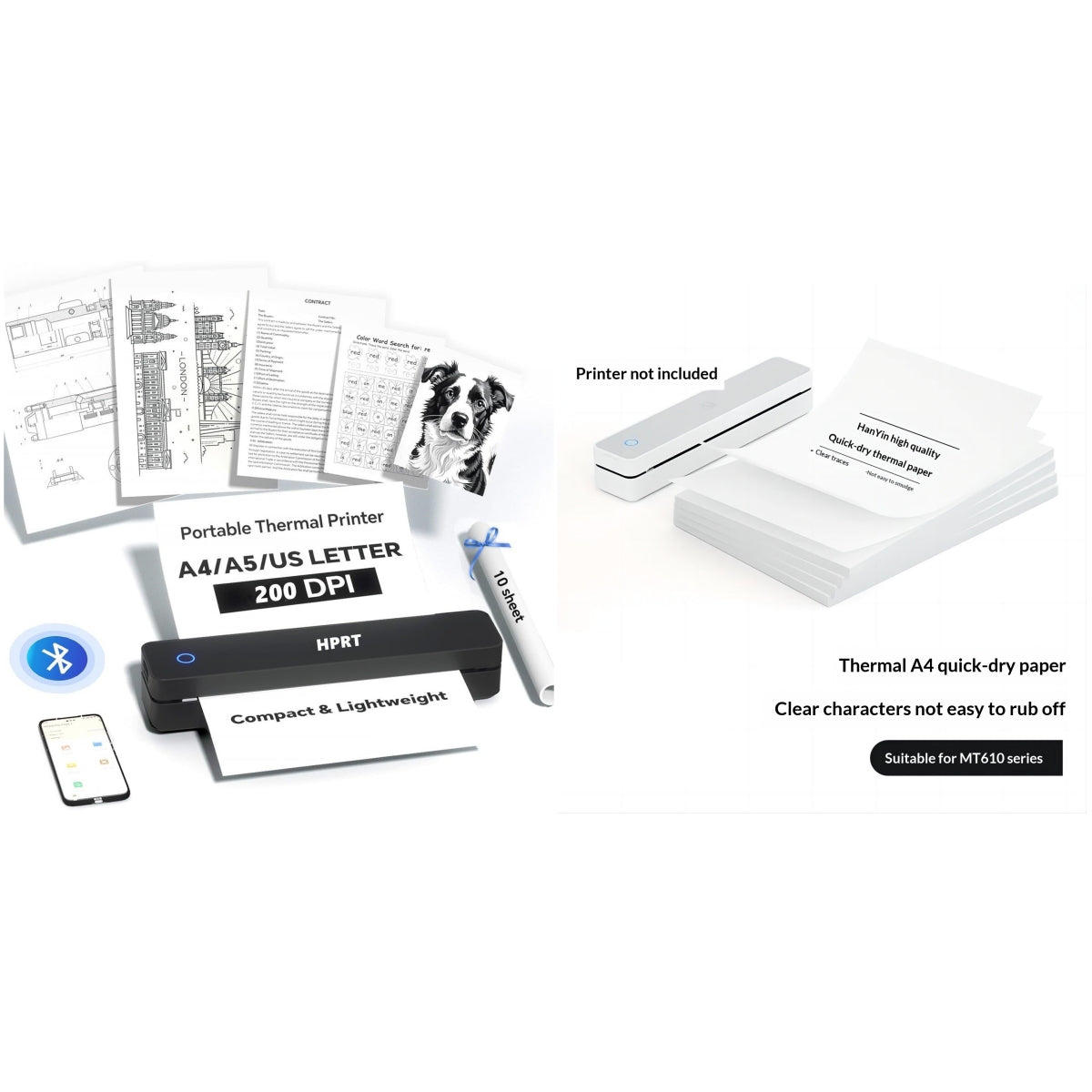 MT610 Imprimante thermique portable sans fil Bluetooth A4 pour documents maison et bureau