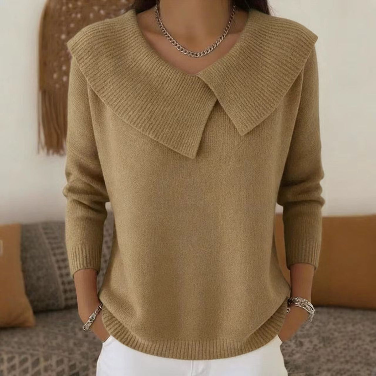 Mode Coréen Rétro Tempérament ludique Slim Lapel Sweater tricoté Lazy Tempérament