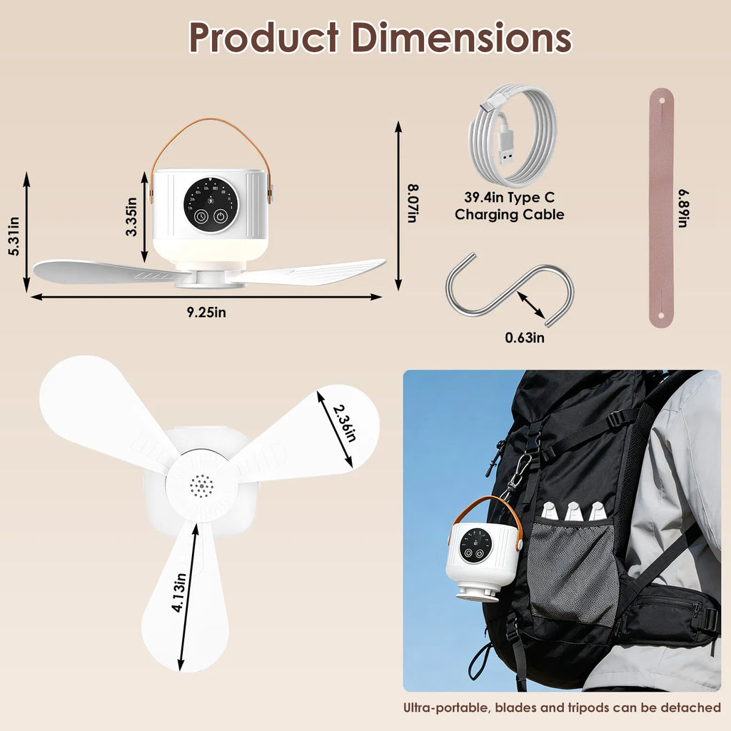 Ventilateur de plafond de tente avec lampe 7200mah Batterie rechargeable Eventail suspendu avec