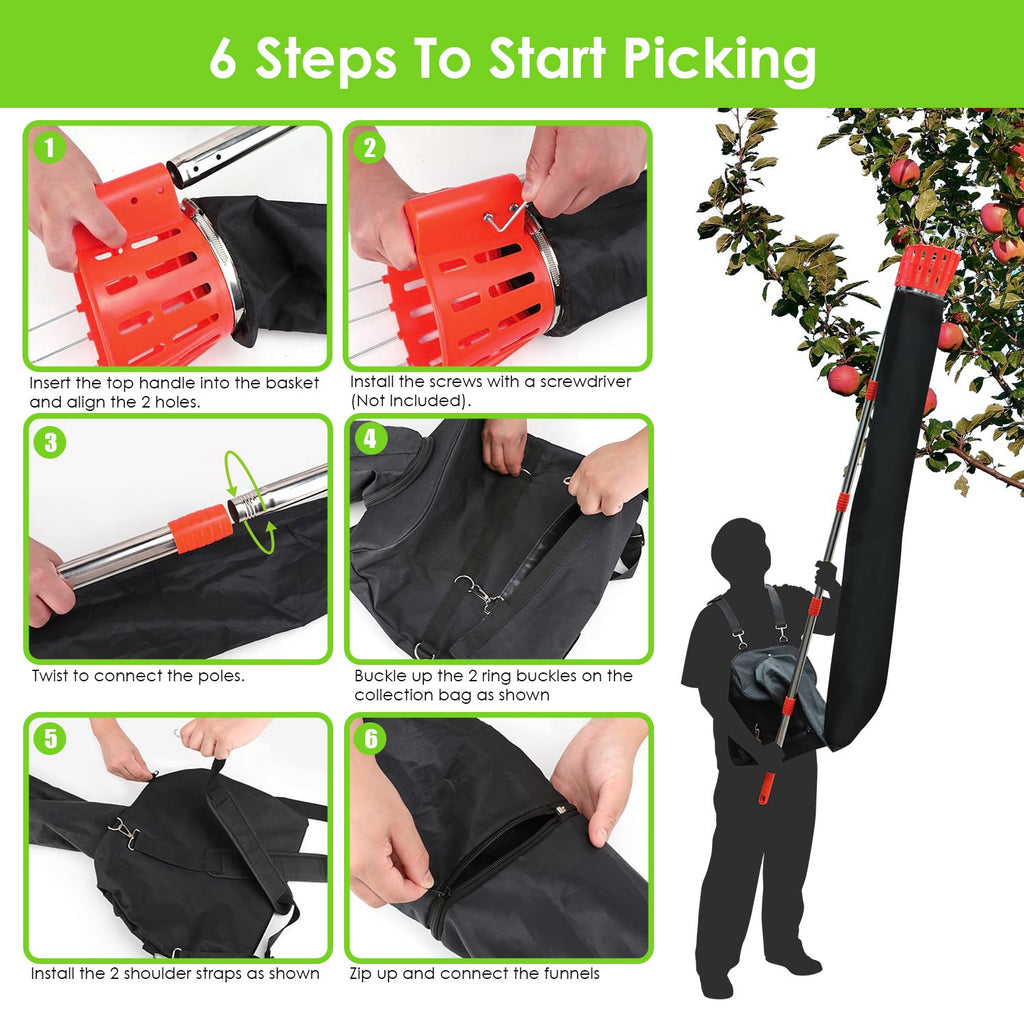 1Pc 13FT Pôle de cueillette de fruits haut de gamme avec sac de récolte Outil de cueillette de fruits lourds avec