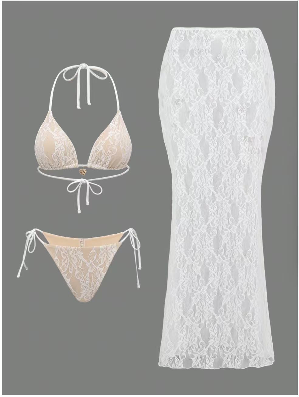 Les femmes Sexy Dentelle Hollow-Out Trois-Piece Beach Set