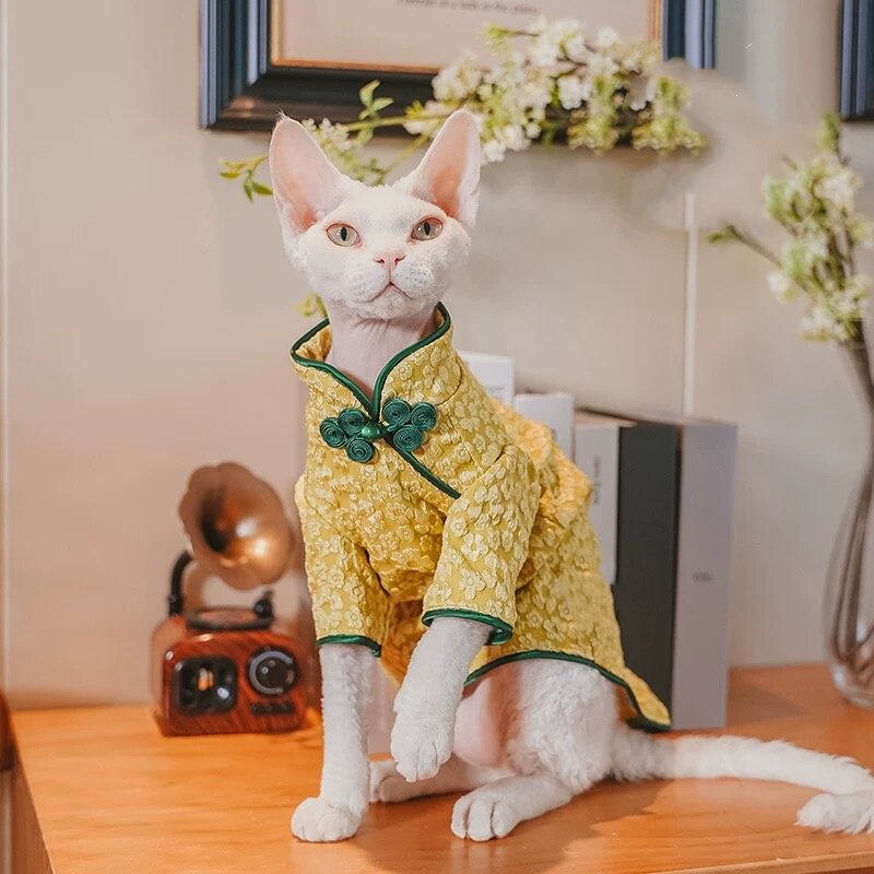 Robe de Cheongsam de fleur brodée 3D de chat sans cheveux
